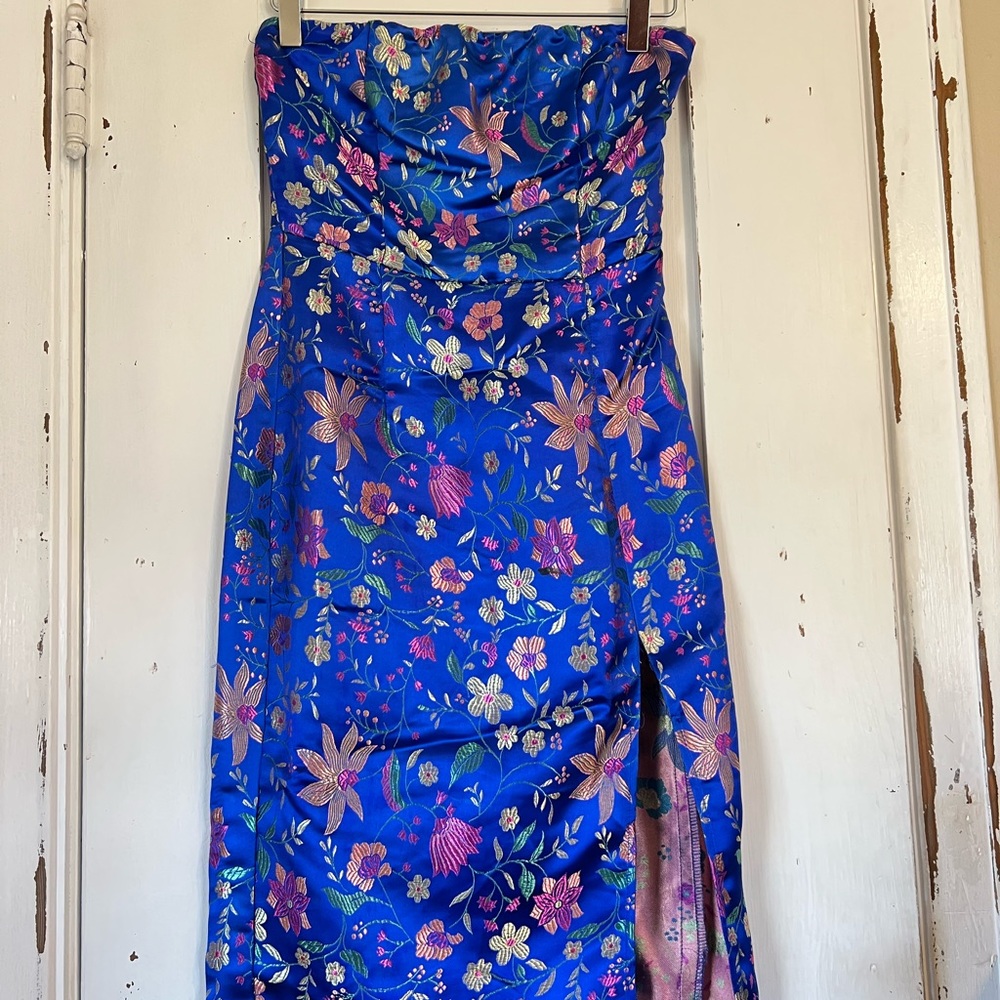 embroidered royal blue dress
